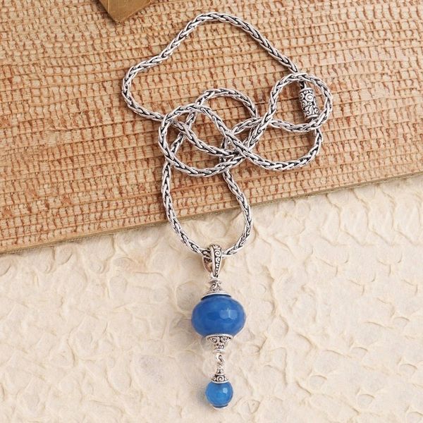 Alternate image for Faceted Chalcedony Bead Sterling Silver Pendant Necklace Merajan in Blue