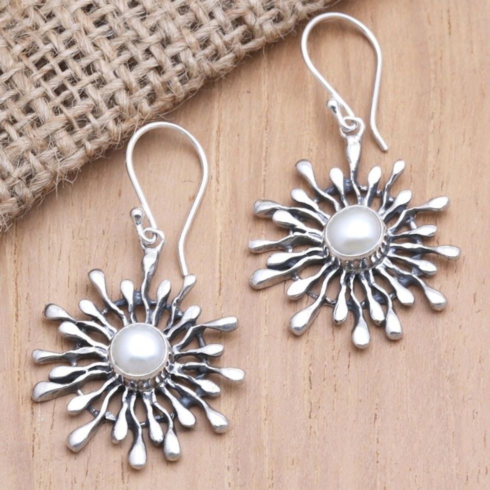 Handmade Sterling Silver and Pearl Dangle Earrings 'Radial Pearl'