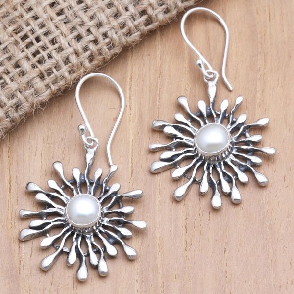 Alternate image for Handmade Sterling Silver and Pearl Dangle Earrings Radial Pearl