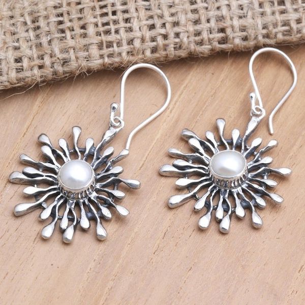 Alternate image for Handmade Sterling Silver and Pearl Dangle Earrings Radial Pearl