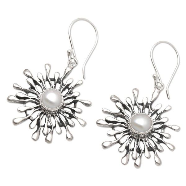Alternate image for Handmade Sterling Silver and Pearl Dangle Earrings Radial Pearl