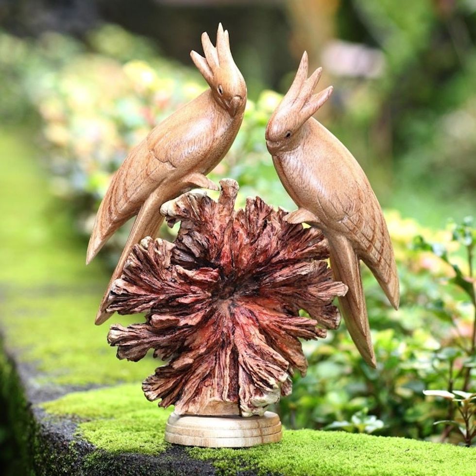 Hand Made Jempinis Wood Cockatoo Sculpture 'Cockatoo Couple'