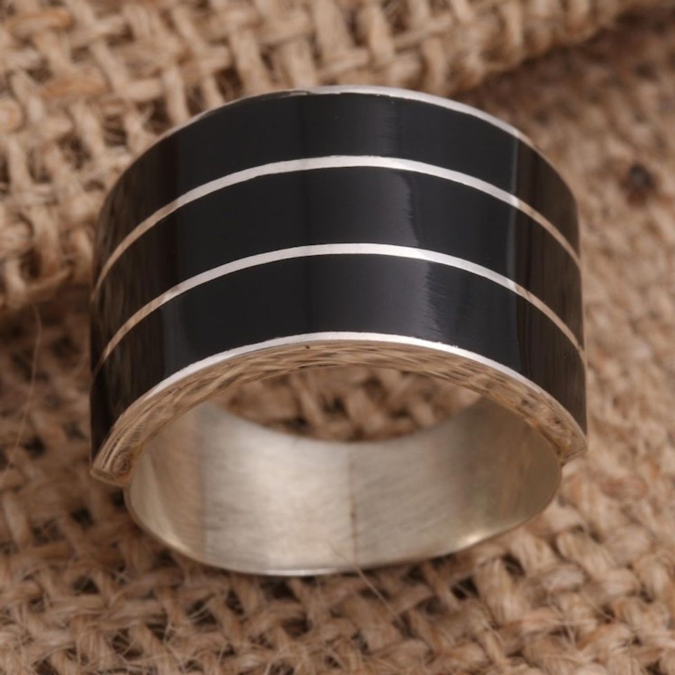 Triple Band Ring Black Resin Sterling Silver 'Band of Three - Black'