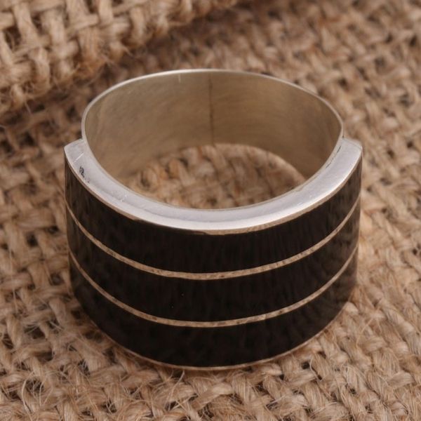 Alternate image for Triple Band Ring Black Resin Sterling Silver Band of Three - Black