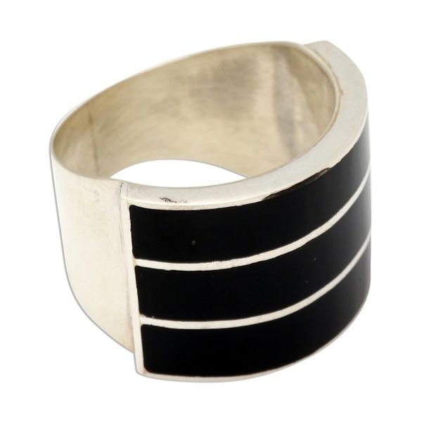 Alternate image for Triple Band Ring Black Resin Sterling Silver Band of Three - Black