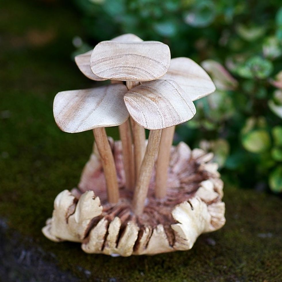 Hand Made Jempinis Wood Mushroom Statuette 'Tiger Milk Mushroom'