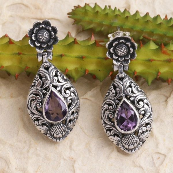 Alternate image for Hand Crafted Amethyst and Sterling Silver Dangle Earrings Purple Sunflower