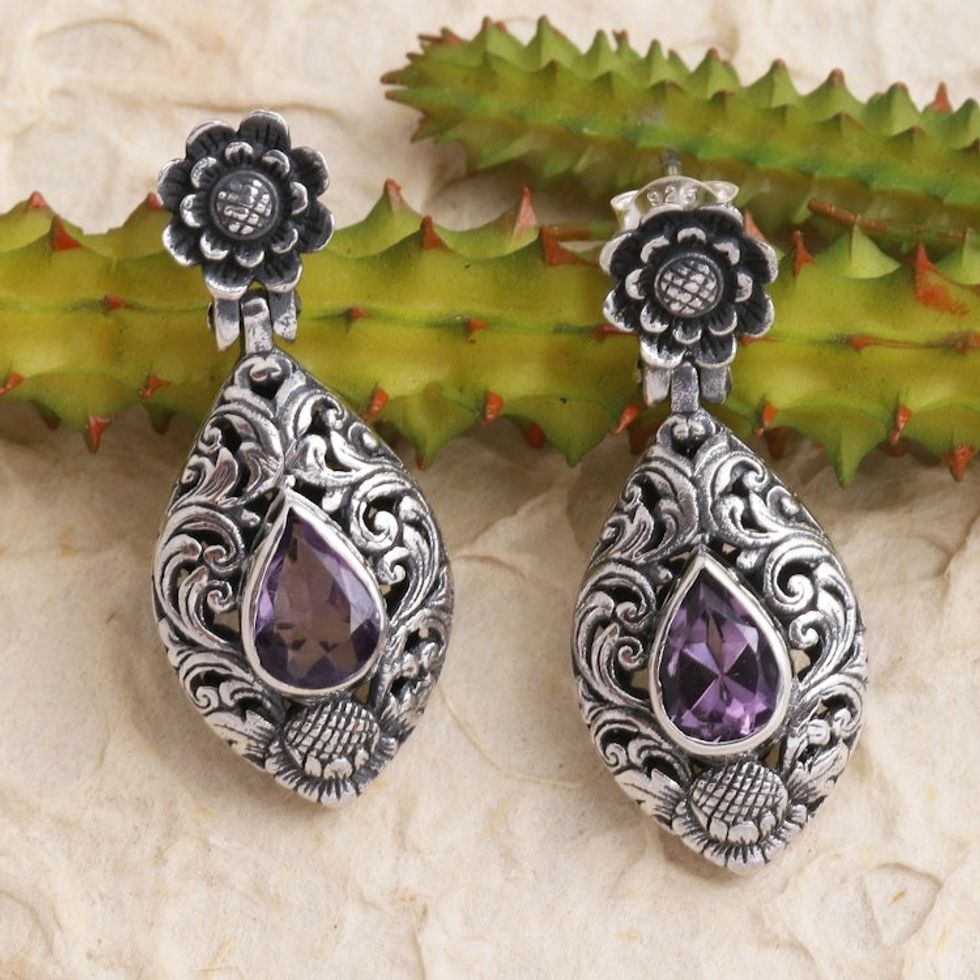 Hand Crafted Amethyst and Sterling Silver Dangle Earrings 'Purple Sunflower'