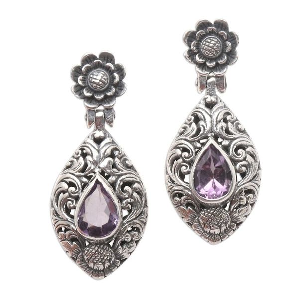 Alternate image for Hand Crafted Amethyst and Sterling Silver Dangle Earrings Purple Sunflower