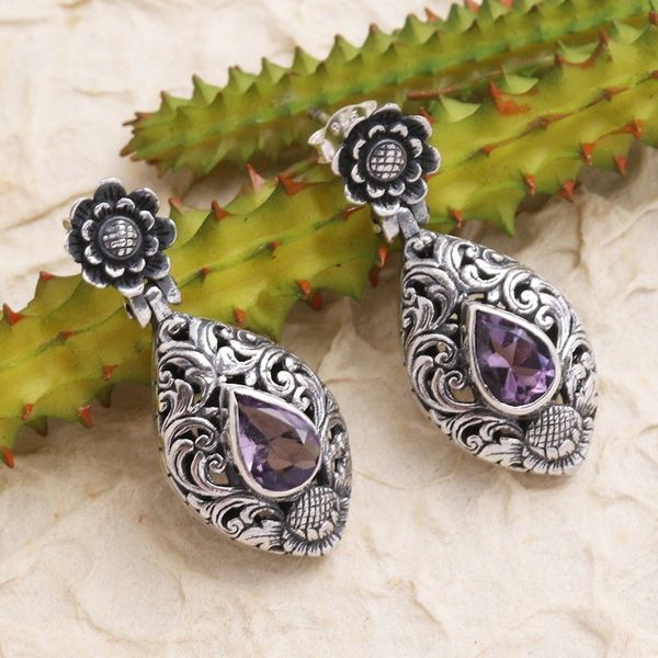 Alternate image for Hand Crafted Amethyst and Sterling Silver Dangle Earrings Purple Sunflower