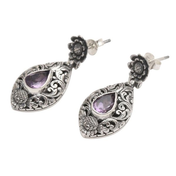 Alternate image for Hand Crafted Amethyst and Sterling Silver Dangle Earrings Purple Sunflower