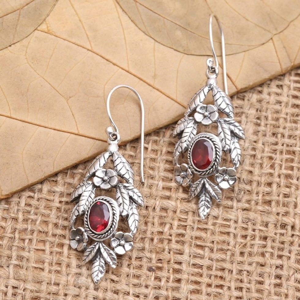 Garnet and Sterling Silver Floral Dangle Earrings 'Fiery Frangipani'