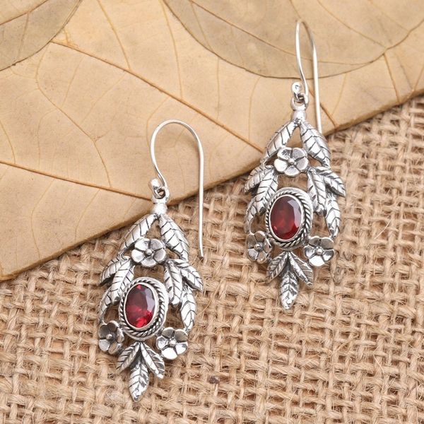 Alternate image for Garnet and Sterling Silver Floral Dangle Earrings Fiery Frangipani
