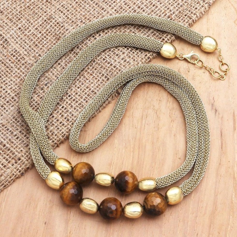 Gold-Accented Brass and Tiger's Eye Pendant Necklace 'Interplanetary'