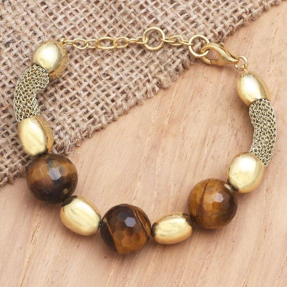 Hand Crafted Gold-Accented Tiger's Eye Beaded Bracelet 'Interplanetary'