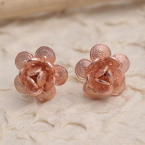 Alternate image for Hand Made Rose Gold Plated Flower Button Earrings Tiny Blossoms