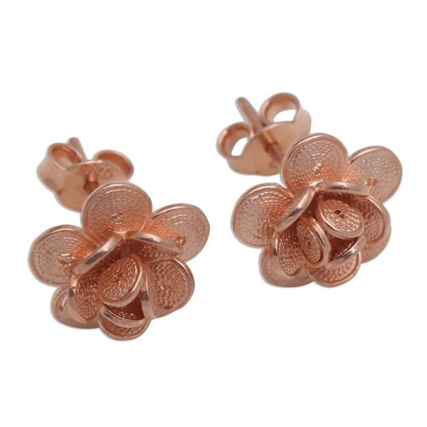 Alternate image for Hand Made Rose Gold Plated Flower Button Earrings Tiny Blossoms