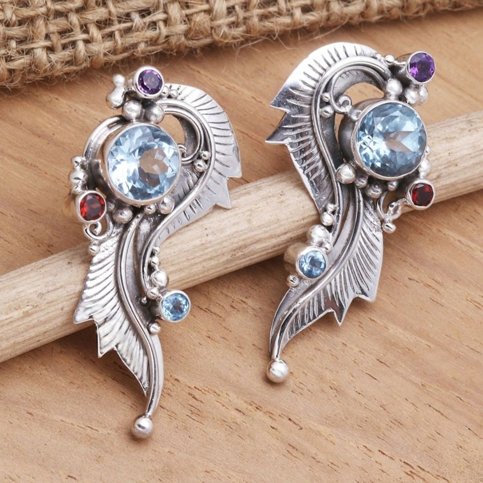 Hand Crafted Garnet and Blue Topaz Drop Earrings 'Twirl in Blue'