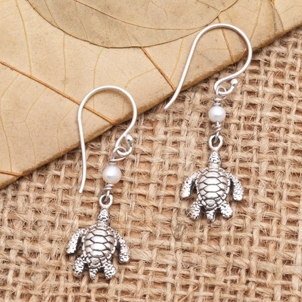 Cultured Pearl and Sterling Silver Turtle Earrings 'Swimming Sea Turtle'