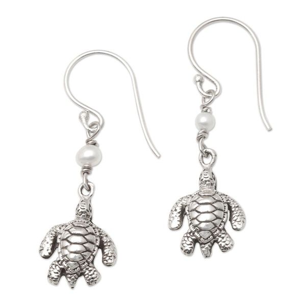 Alternate image for Cultured Pearl and Sterling Silver Turtle Earrings Swimming Sea Turtle