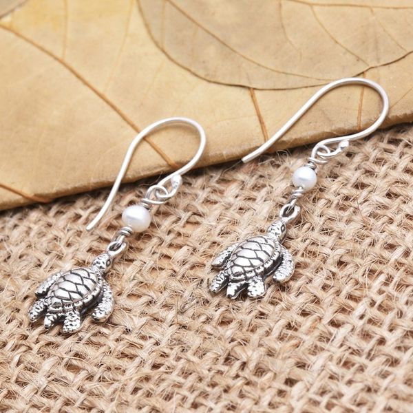 Alternate image for Cultured Pearl and Sterling Silver Turtle Earrings Swimming Sea Turtle