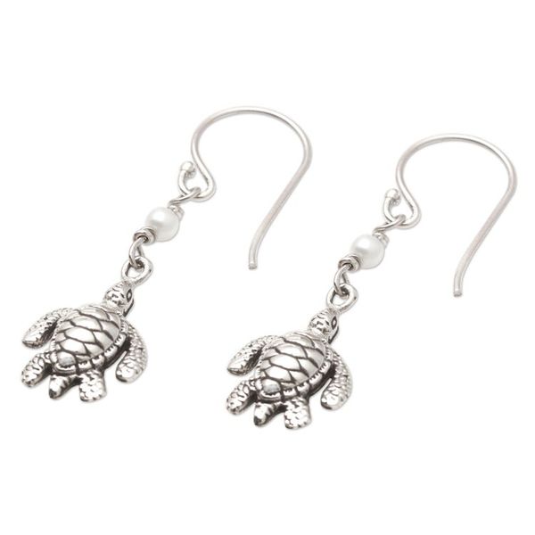 Alternate image for Cultured Pearl and Sterling Silver Turtle Earrings Swimming Sea Turtle