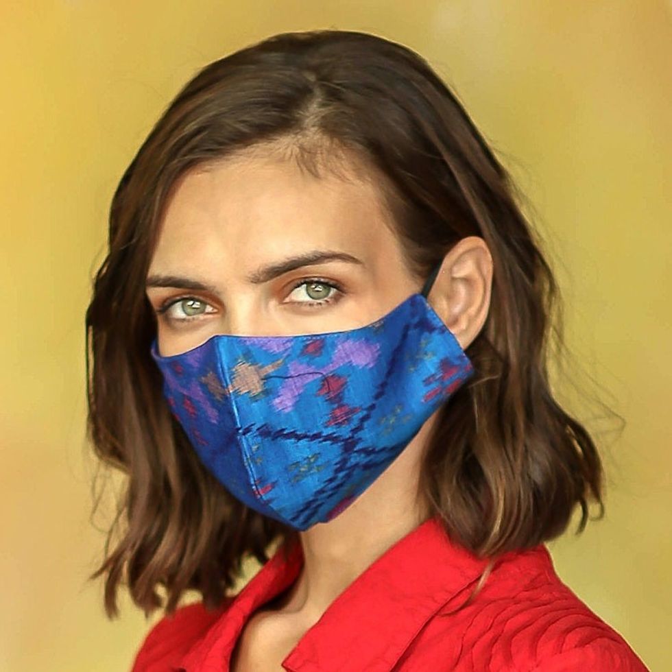2 Large 2 Small Handwoven Blue 2-Layer Cotton Ikat Masks 'Ikat Blue'