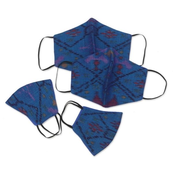 Alternate image for 2 Large 2 Small Handwoven Blue 2-Layer Cotton Ikat Masks Ikat Blue