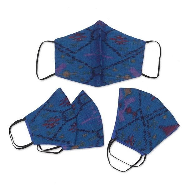 Alternate image for 2 Large 2 Small Handwoven Blue 2-Layer Cotton Ikat Masks Ikat Blue
