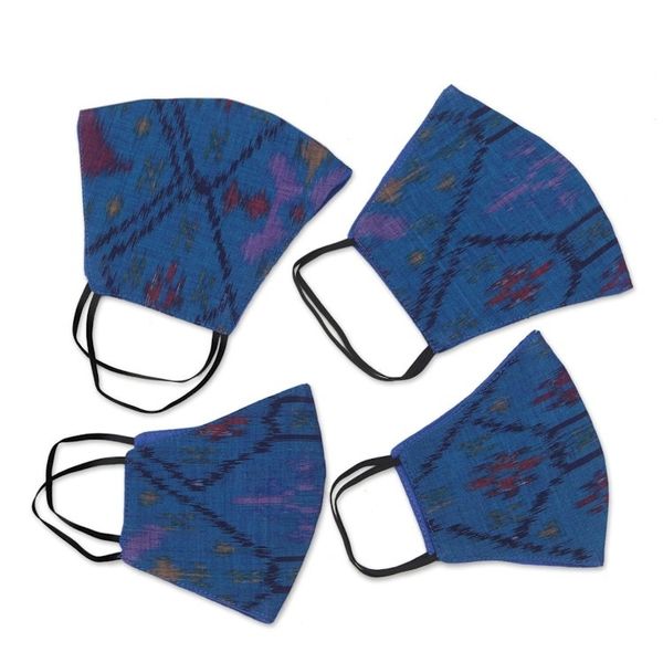 Alternate image for 2 Large 2 Small Handwoven Blue 2-Layer Cotton Ikat Masks Ikat Blue