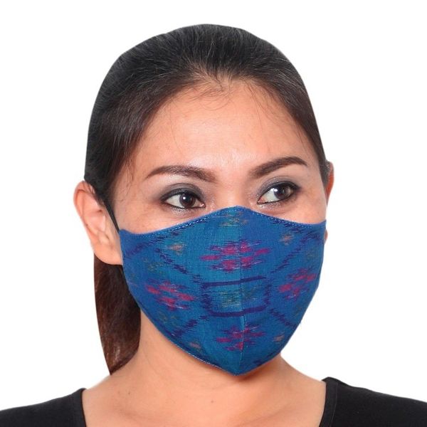 Alternate image for 2 Large 2 Small Handwoven Blue 2-Layer Cotton Ikat Masks Ikat Blue