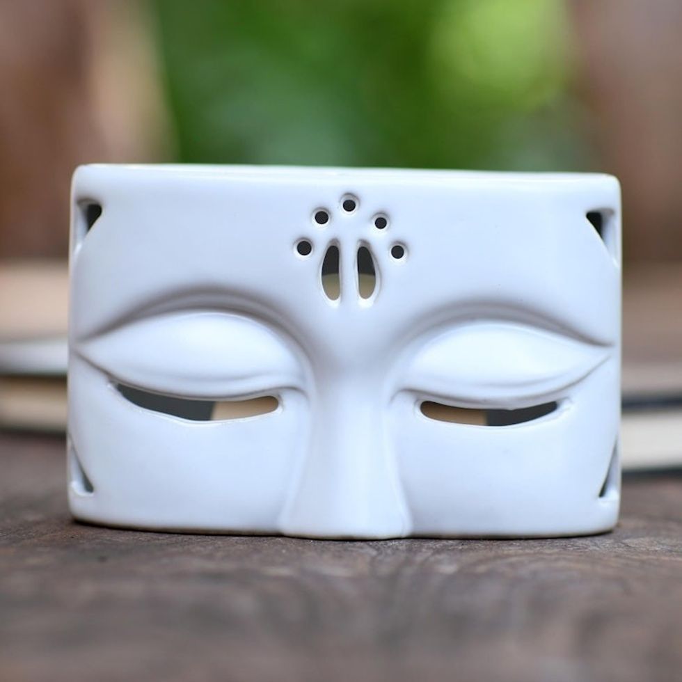 White Ceramic Buddha-Themed Oil Warmer 'Warming Buddha in White'