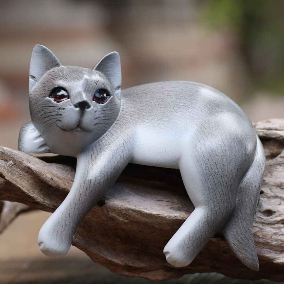 Hand Carved Suar Wood Cat Statuette 'Quaint Cat'