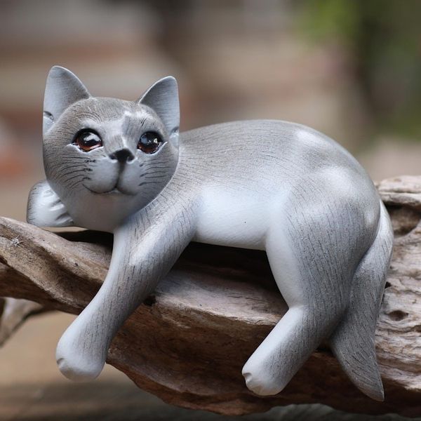 Alternate image for Hand Carved Suar Wood Cat Statuette Quaint Cat