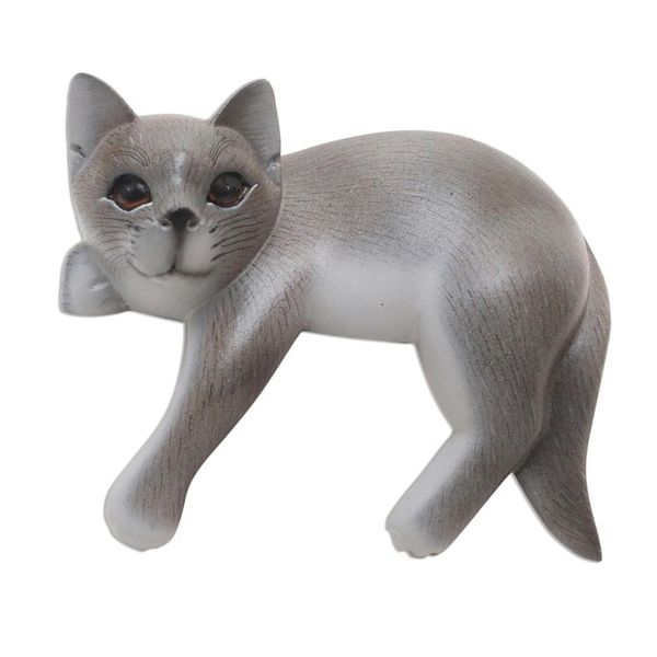 Alternate image for Hand Carved Suar Wood Cat Statuette Quaint Cat