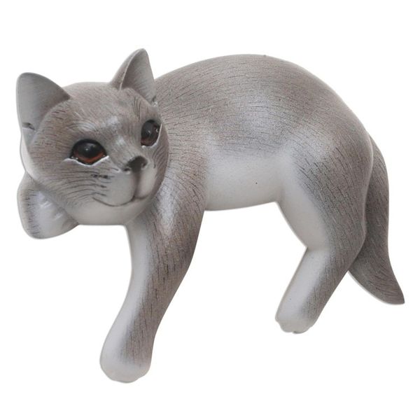 Alternate image for Hand Carved Suar Wood Cat Statuette Quaint Cat