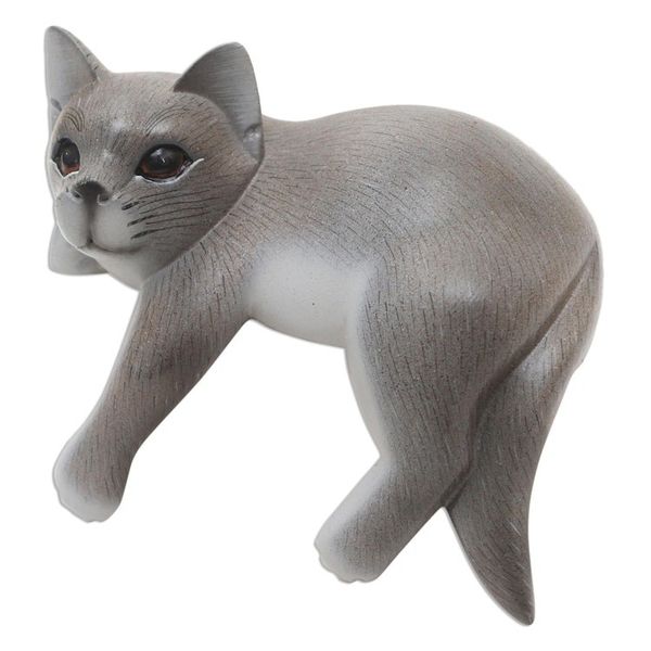 Alternate image for Hand Carved Suar Wood Cat Statuette Quaint Cat
