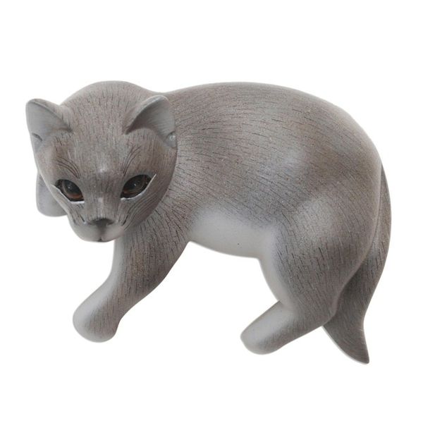 Alternate image for Hand Carved Suar Wood Cat Statuette Quaint Cat