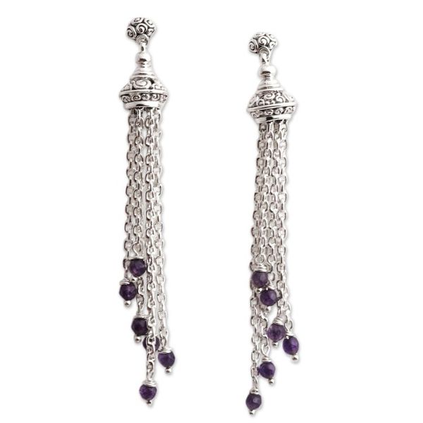 Alternate image for Balinese Sterling Silver Waterfall Earrings with Amethysts Raining Violets