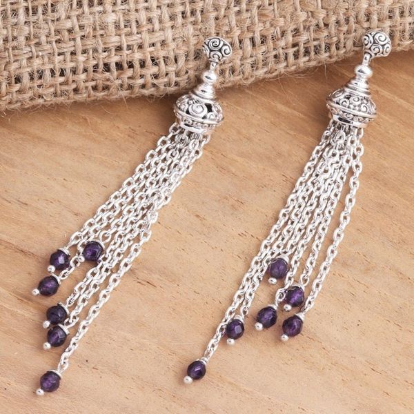 Alternate image for Balinese Sterling Silver Waterfall Earrings with Amethysts Raining Violets