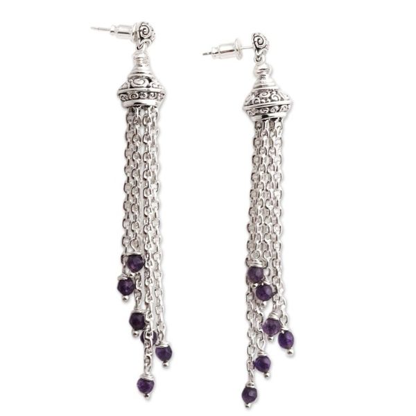 Alternate image for Balinese Sterling Silver Waterfall Earrings with Amethysts Raining Violets
