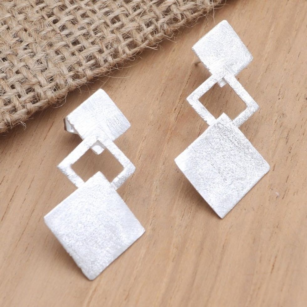 Handmade Geometric Sterling Silver Drop Earrings 'Open Window'