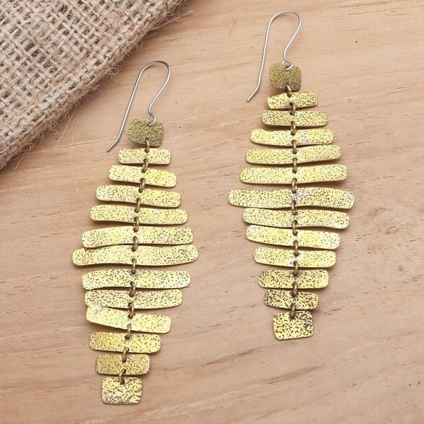 Alternate image for Balinese Brass Dangle Earrings on Stainless Steel Hooks Horizontal Bars in Yellow