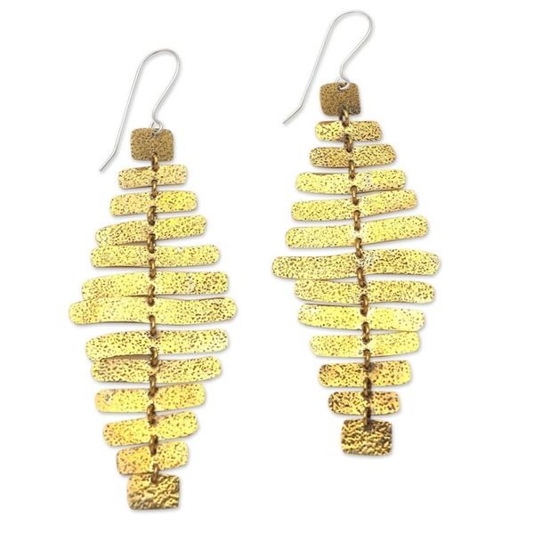 Alternate image for Balinese Brass Dangle Earrings on Stainless Steel Hooks Horizontal Bars in Yellow