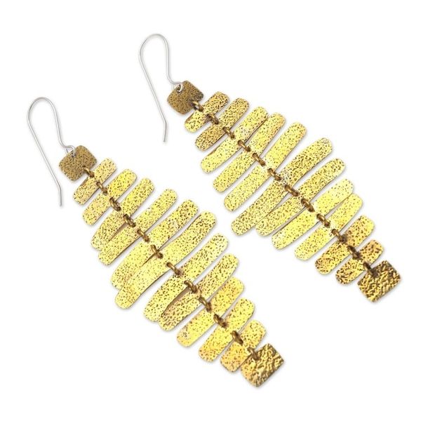 Alternate image for Balinese Brass Dangle Earrings on Stainless Steel Hooks Horizontal Bars in Yellow