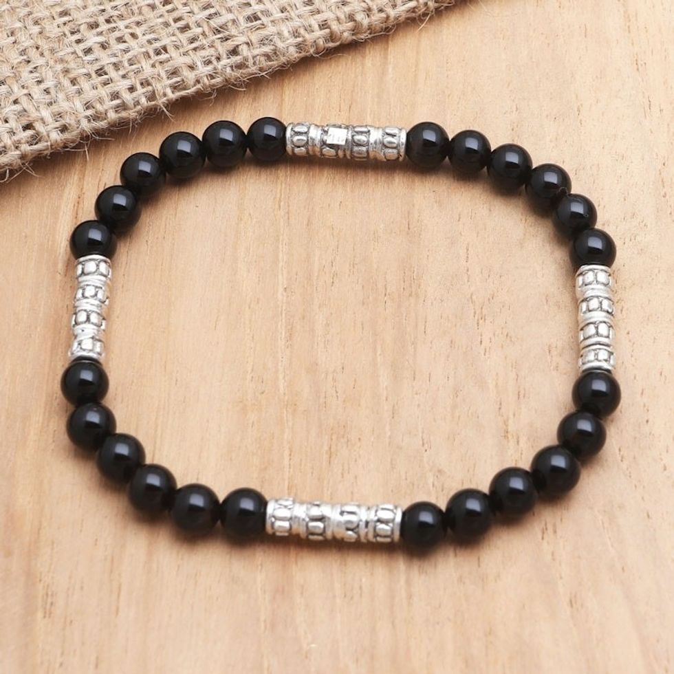 Hand Made Onyx and Sterling Silver Beaded Bracelet 'Spirited in Black'