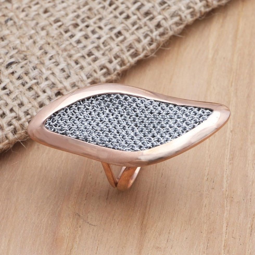Rose Gold-Plated Brass and Mesh Cocktail Ring 'Rosy Leaves'