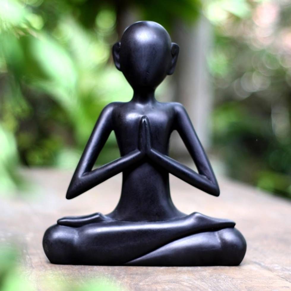 Black Suar Wood Yoga Statuette from Bali 'Sukhasana'