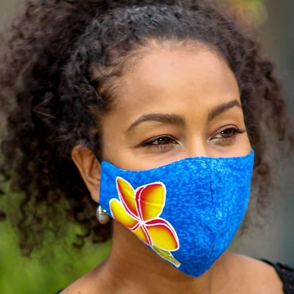 Alternate image for 4 Hand-Painted Plumeria on Balinese Batik 2-Layer Face Masks Island Plumeria