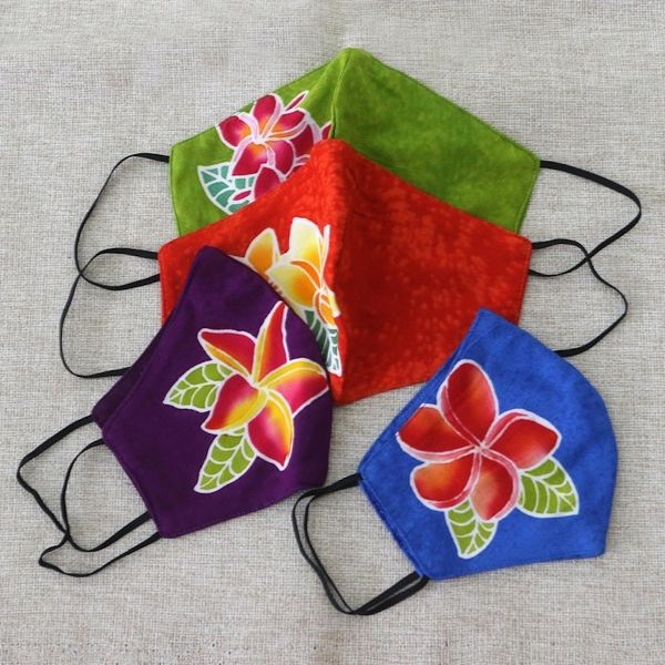 Alternate image for 4 Hand-Painted Plumeria on Balinese Batik 2-Layer Face Masks Island Plumeria